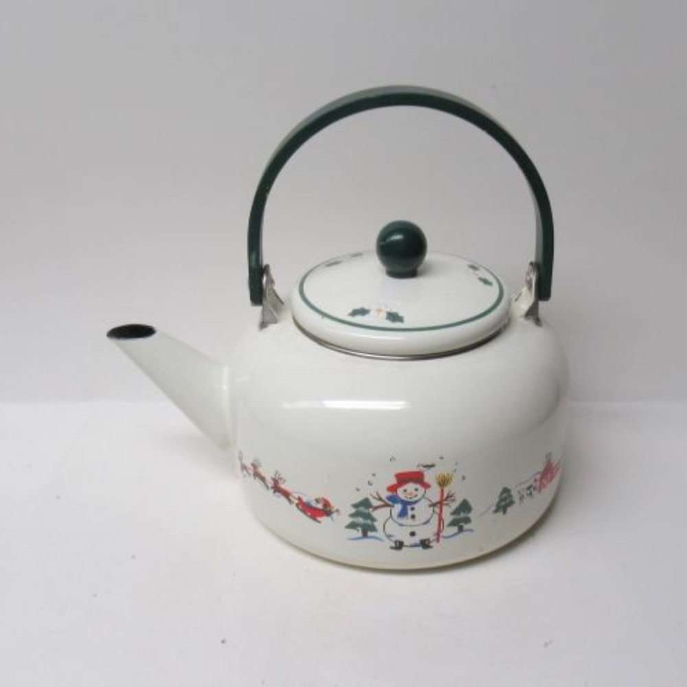 Pfaltzgraff Snow Village Metal Teapot Tea Kettle with Lid and Swivel Handle